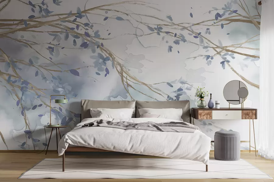 Fototapet Delikat blå och vita blommiga grenar med mjuk, suddig akvarellbakgrund w07919