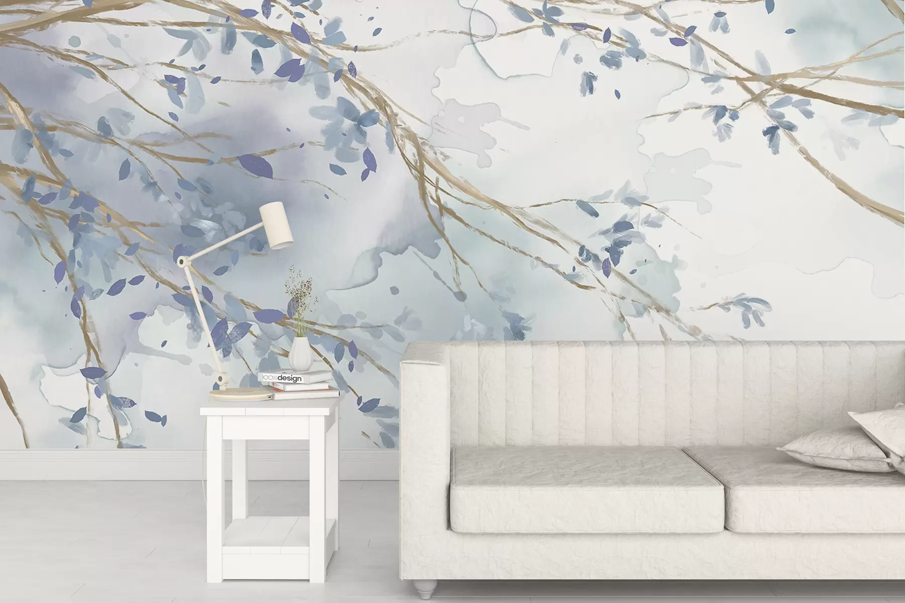 Fototapet Delikat blå och vita blommiga grenar med mjuk, suddig akvarellbakgrund w07919