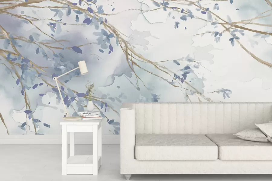 Fototapet Delikat blå och vita blommiga grenar med mjuk, suddig akvarellbakgrund w07919