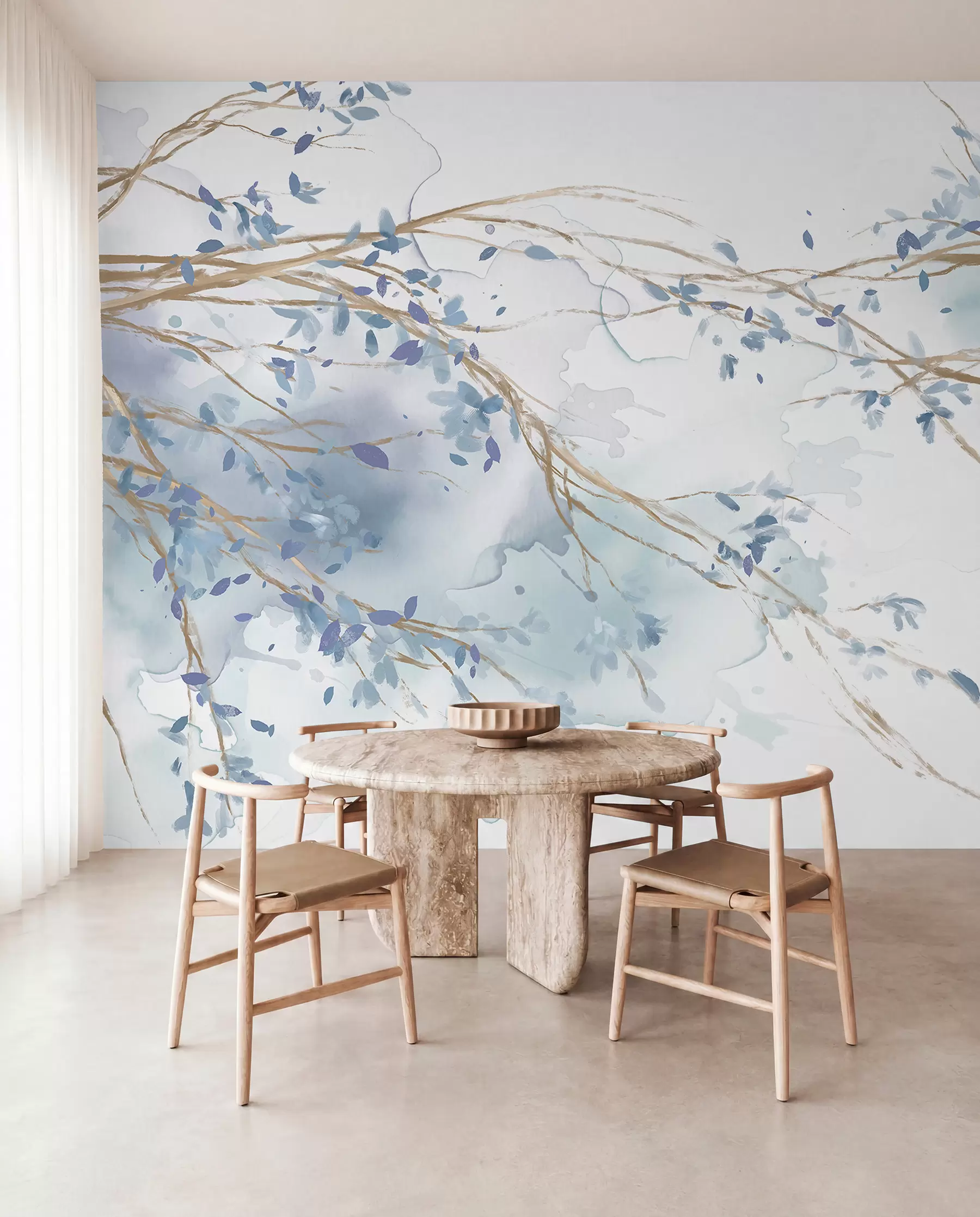 Fototapet Delikat blå och vita blommiga grenar med mjuk, suddig akvarellbakgrund w07919