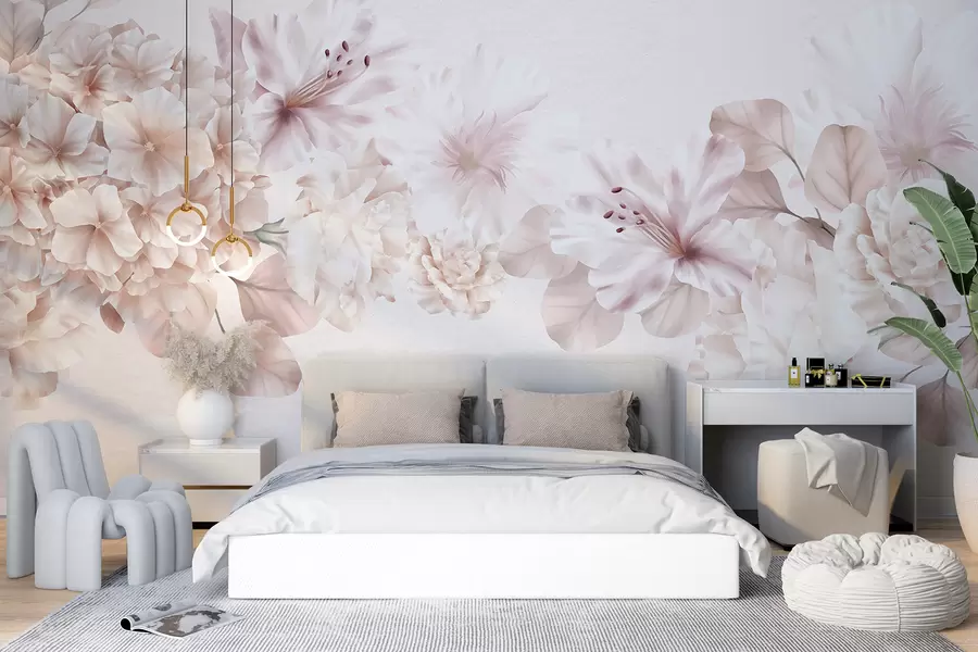 Fototapet Mjukt rosa och vitt blomarrangemang, med fina kronblad och blommor mot en ljus bakgrund w07923