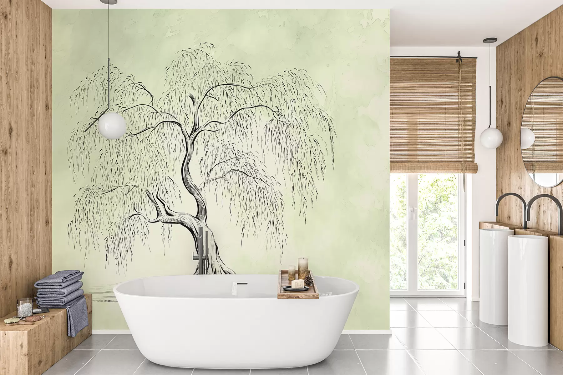 Fototapet Pilträd på grön grå akvarell bakgrund w07969v1