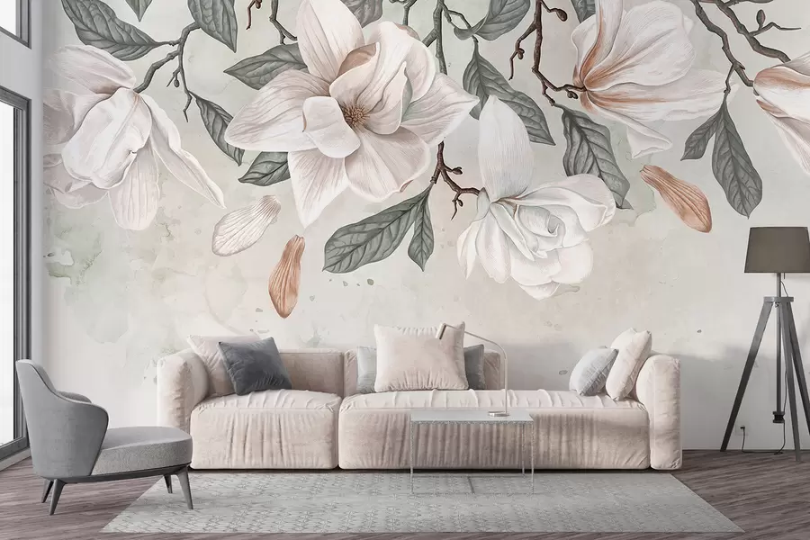 Fototapet Delikat rosa och vita magnoliablommor med gröna blad på en ljus bakgrund, en mjuk, blommig komposition w07977