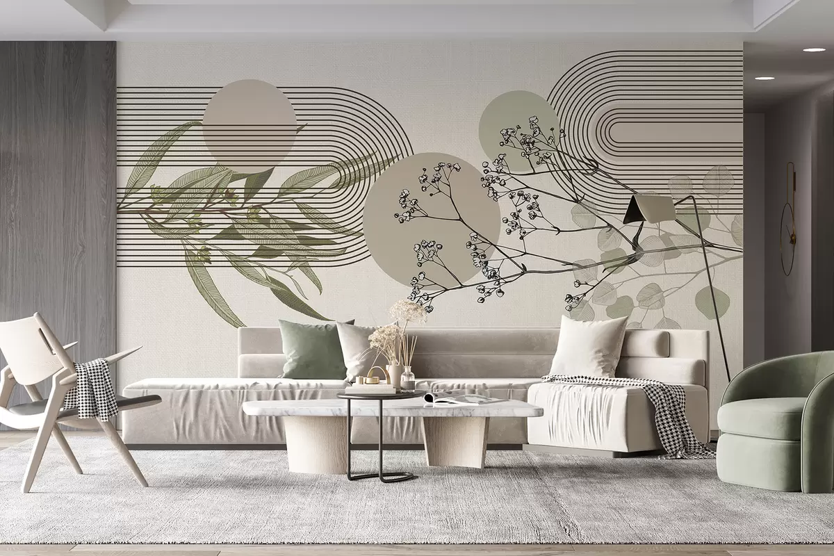 Fototapet En minimalistisk abstraktion med organiska former, stiliserade trädgrenar eller växter med delikata blomdetaljer w07979