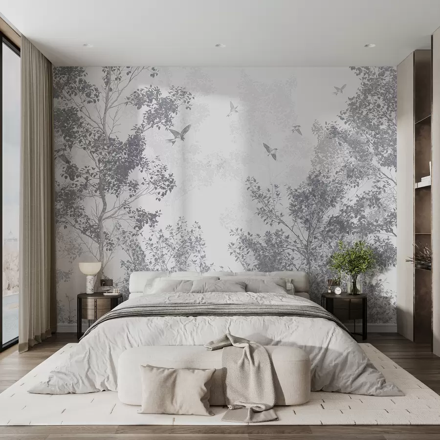 Fototapet Träd med gråa blad och grenar med fåglar som flyger i himlen, vit bakgrund w07982v1