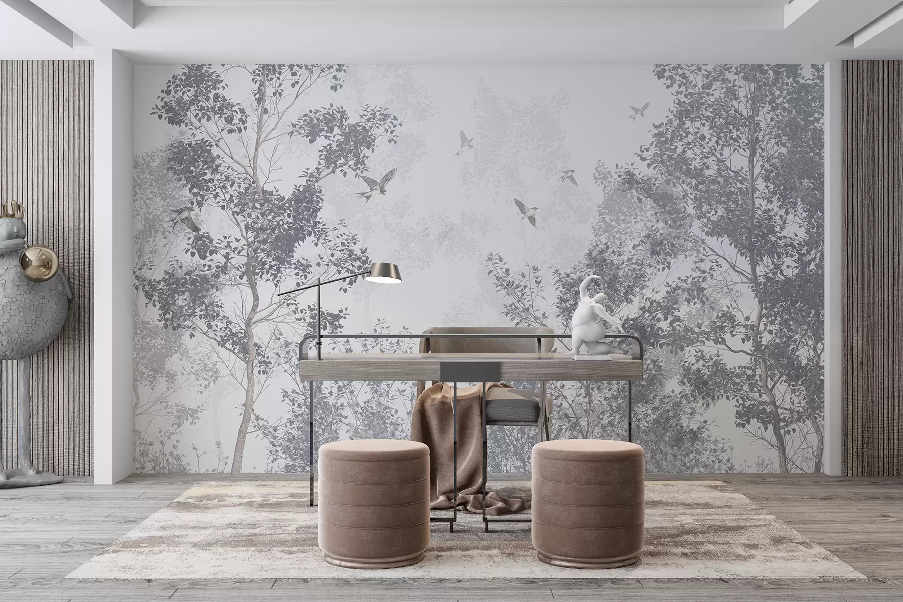 Fototapet Träd med gråa blad och grenar med fåglar som flyger i himlen, vit bakgrund w07982v1