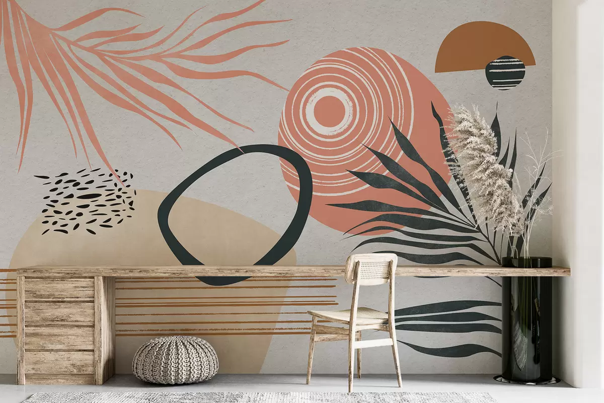 Fototapet Geometrisk abstraktion med palmgrenar, boho stil, fläck, rosa, blå, grå, väggstruktur w08133