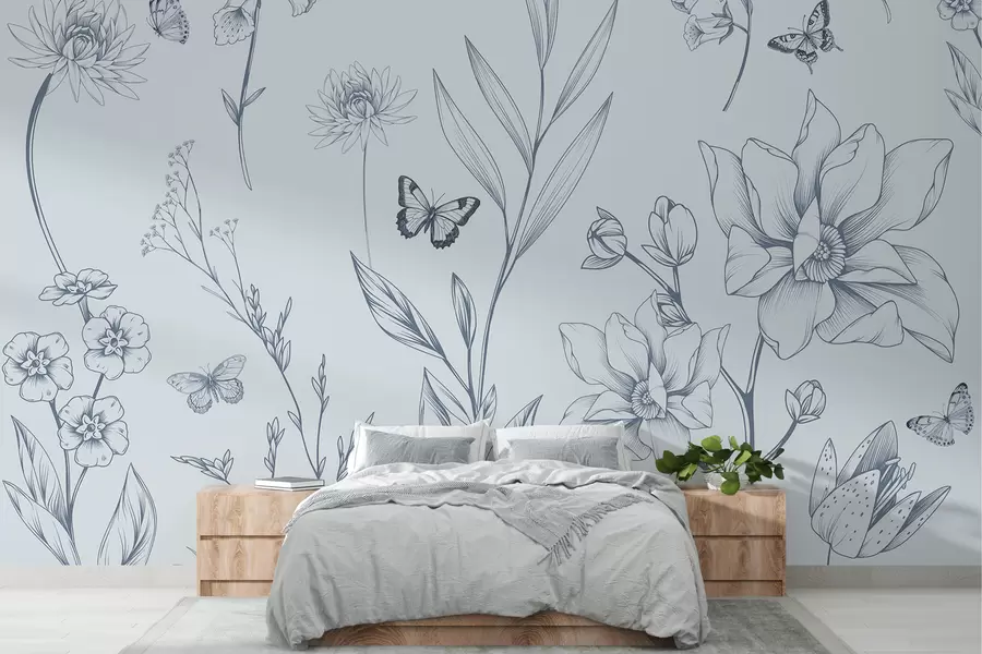 Fototapet Boho Monokroma blommor och fjärilar i blått w08088v2
