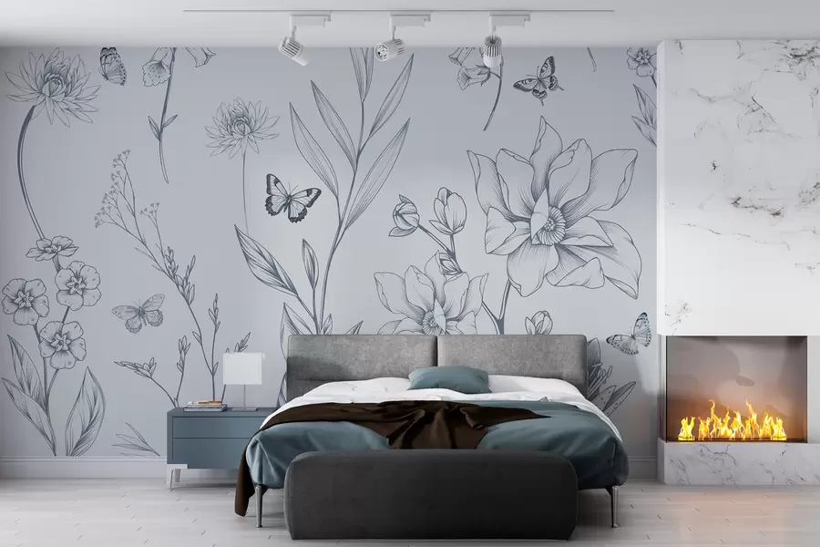Fototapet Boho Monokroma blommor och fjärilar i blått w08088v2