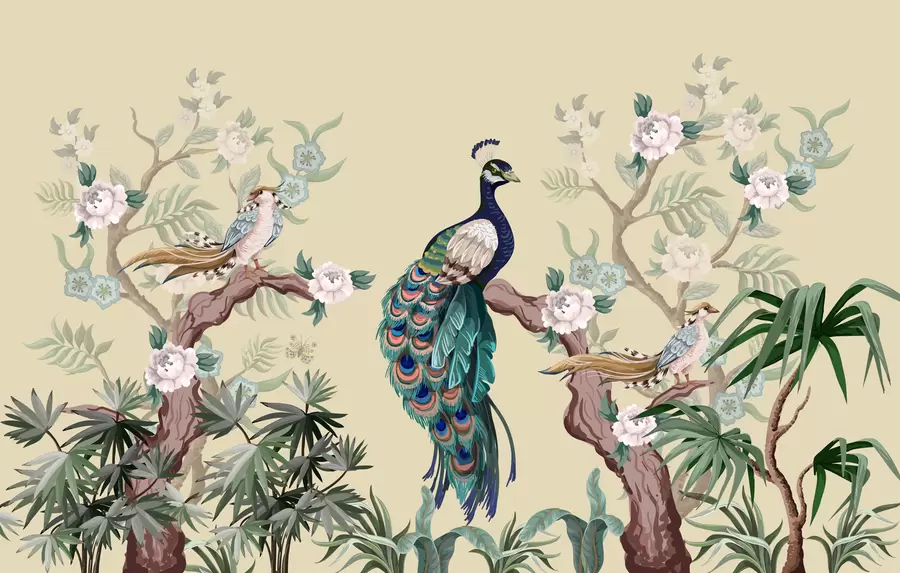 Fototapet påfågel på ett träd, beige bakgrund w08168