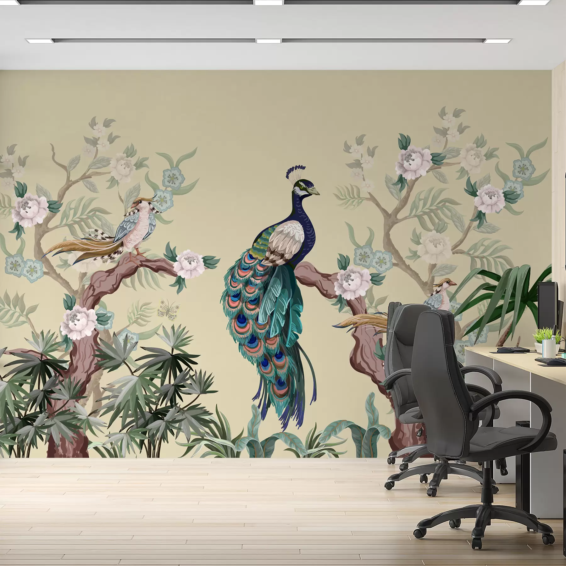 Fototapet påfågel på ett träd, beige bakgrund w08168