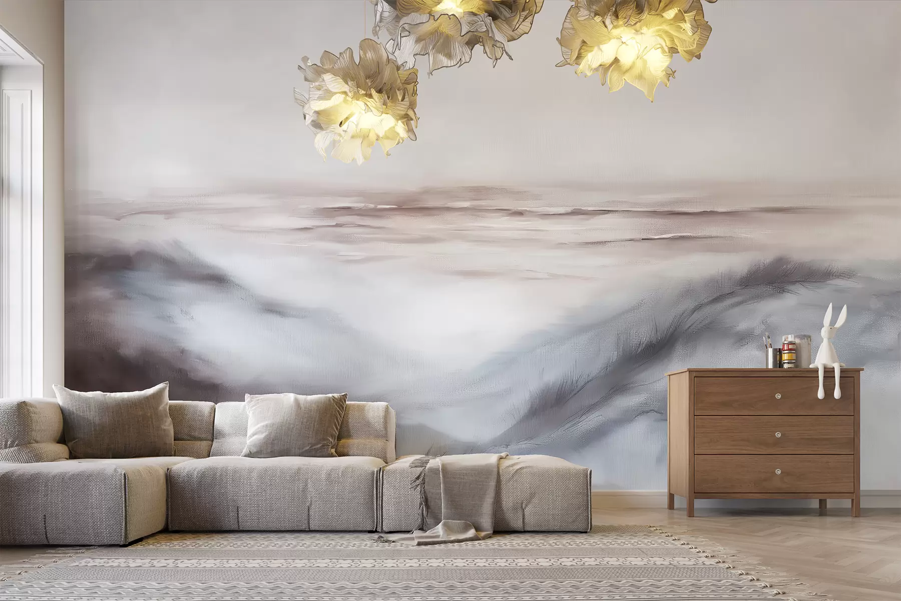 Fototapet Abstrakt landskap i pastellfärger, penseldrag, strand, hav, grå färgpalett w08141