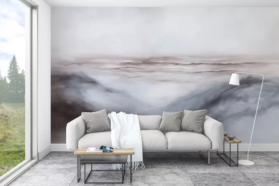 Fototapet Abstrakt landskap i pastellfärger, penseldrag, strand, hav, grå färgpalett w08141