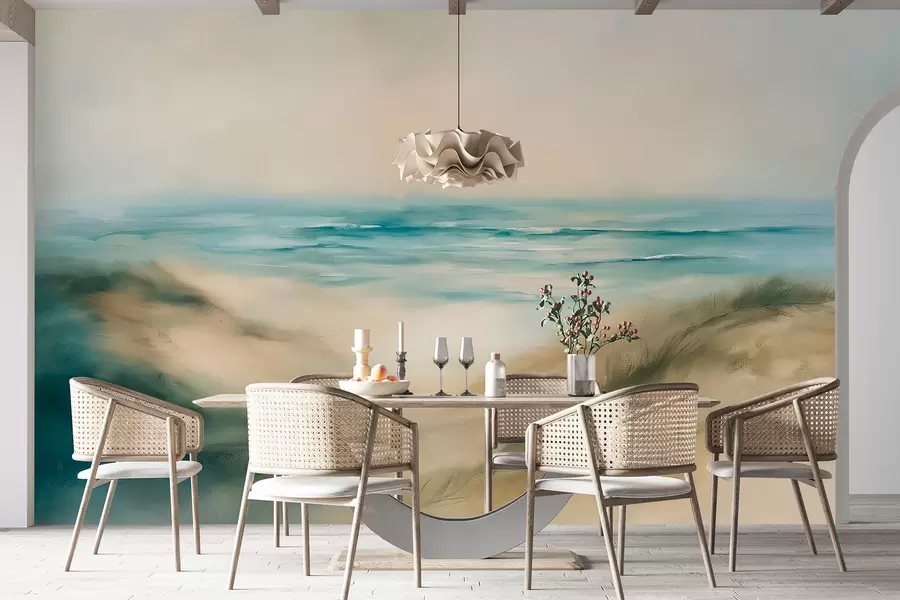 Fototapet Abstrakt landskap i pastellfärger, strand, hav, akvamarin och beige färgpalett, penseldrag w08141v1