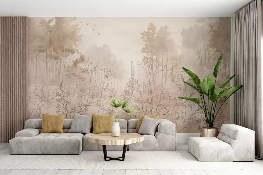 Fototapet Skogslandskap med vilda blommor, linjekonst, realism, träd, natur, beige färgpallett w08142