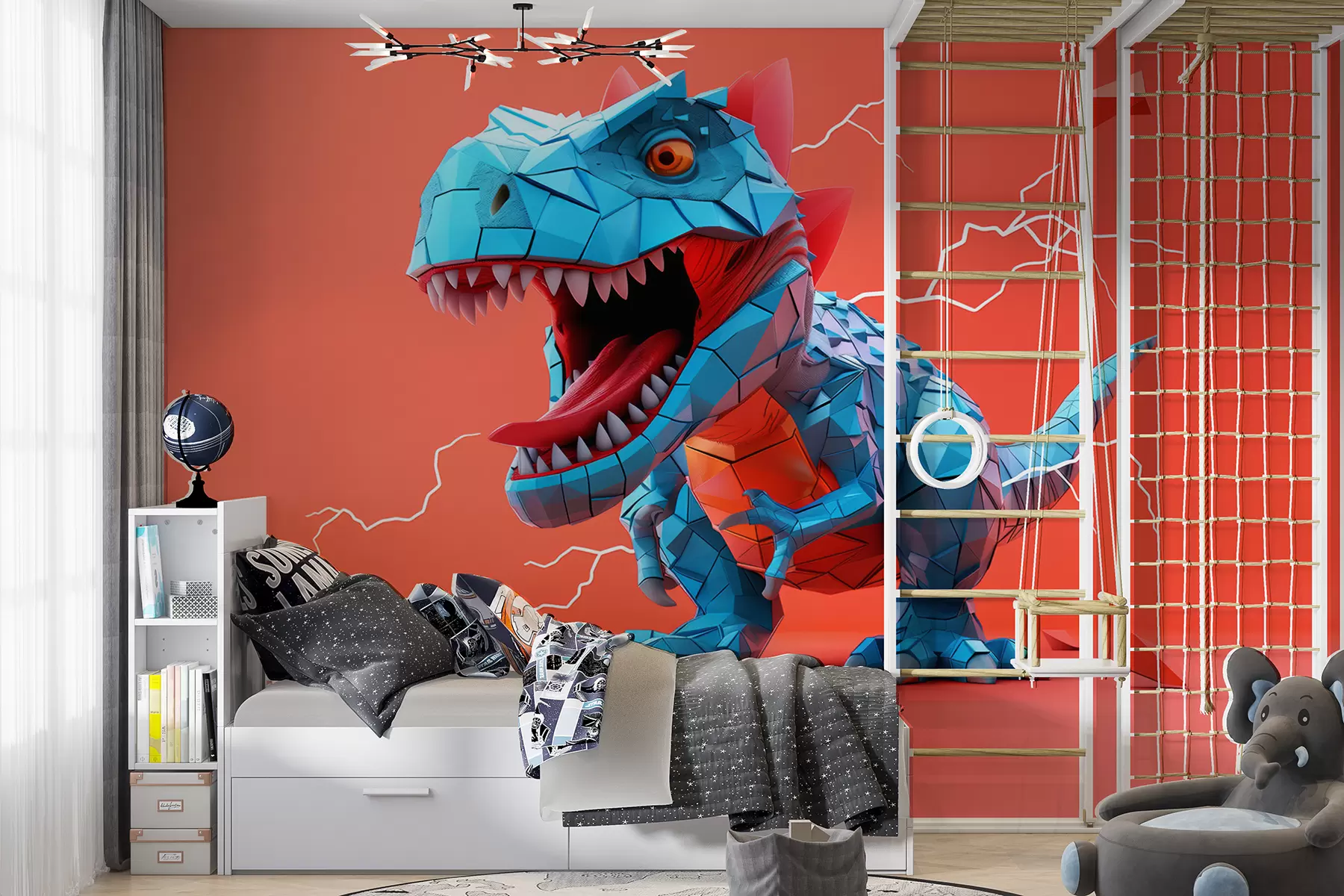 Fototapet Grym dinosaurie med blixtnedslag i röda och blå färger w01333