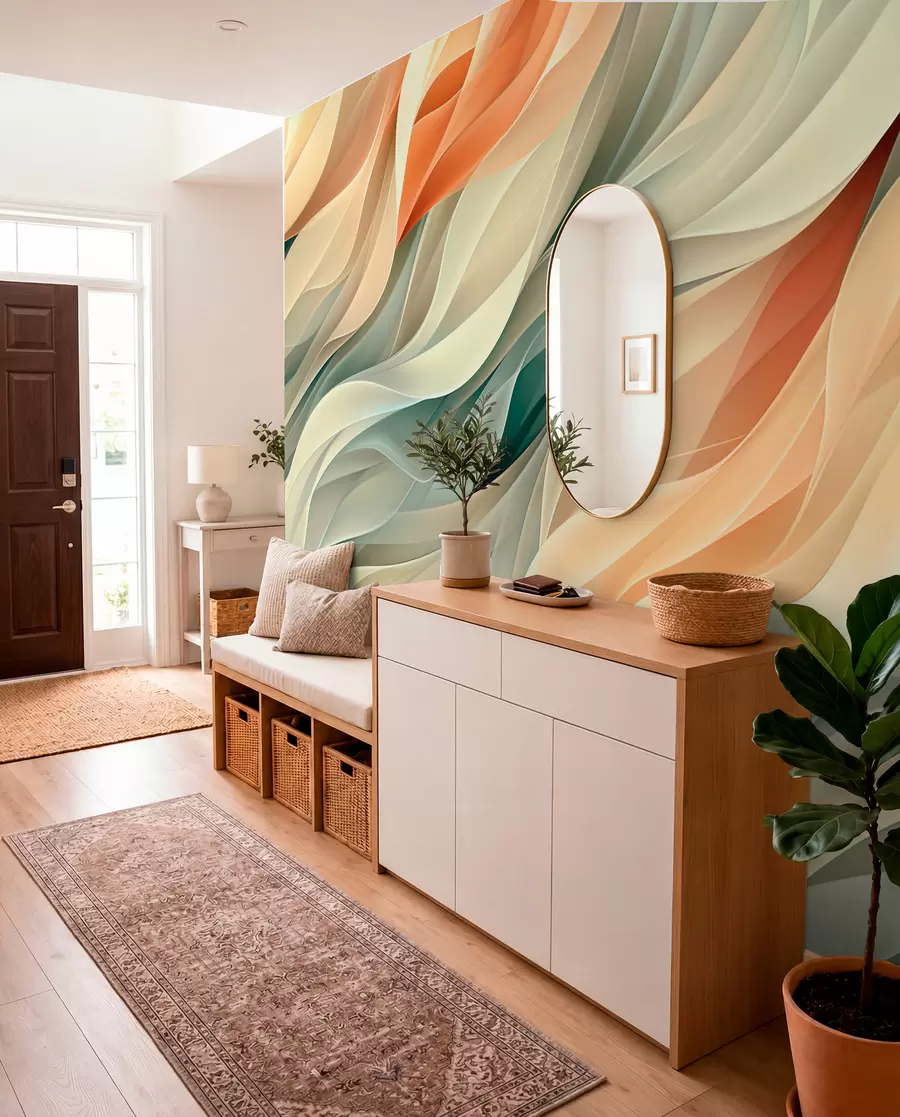 Fototapet Hypnotiserande abstrakt design med mjuka pastellvågor i varma färger w01335v1