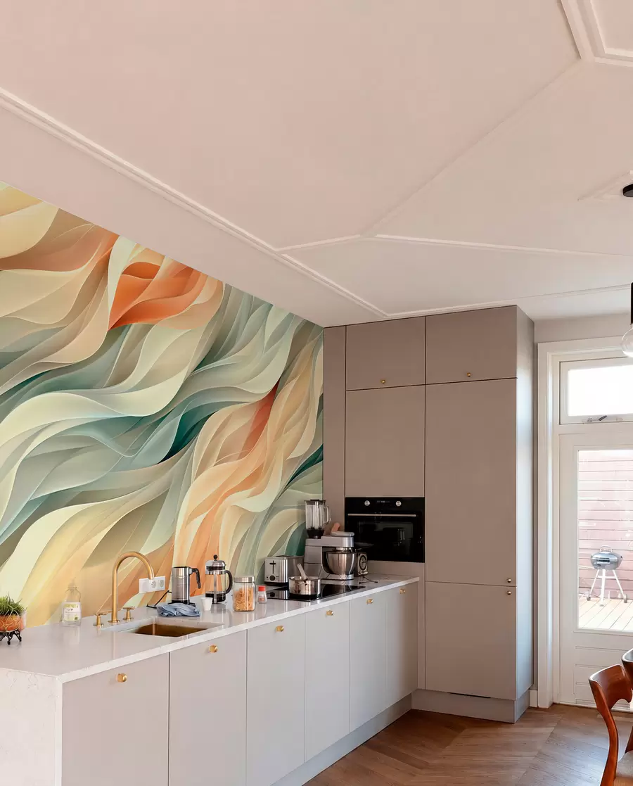 Fototapet Hypnotiserande abstrakt design med mjuka pastellvågor i varma färger w01335v1