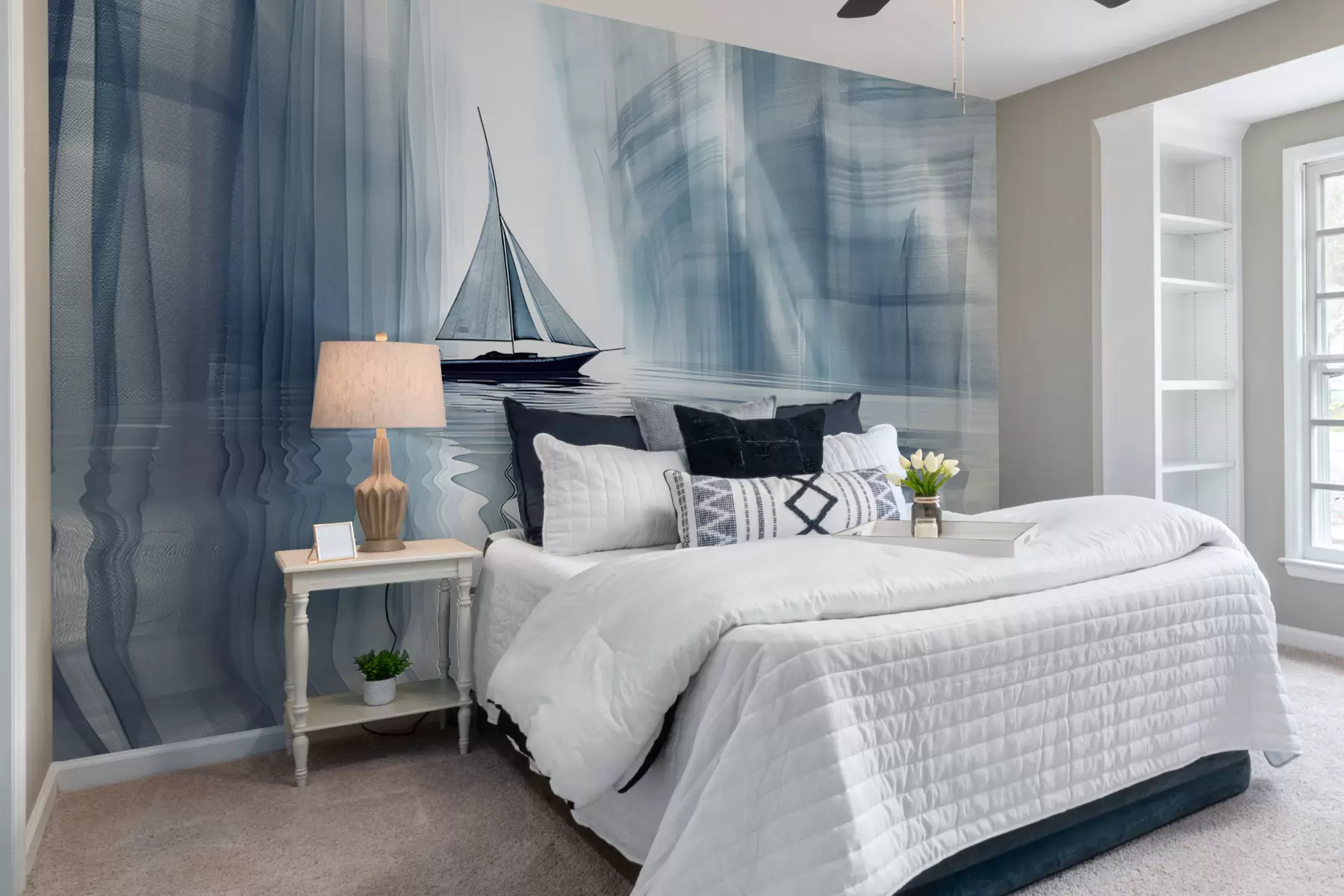 Fototapet Båt på vattnet i futuristisk stil med blå färger w01338