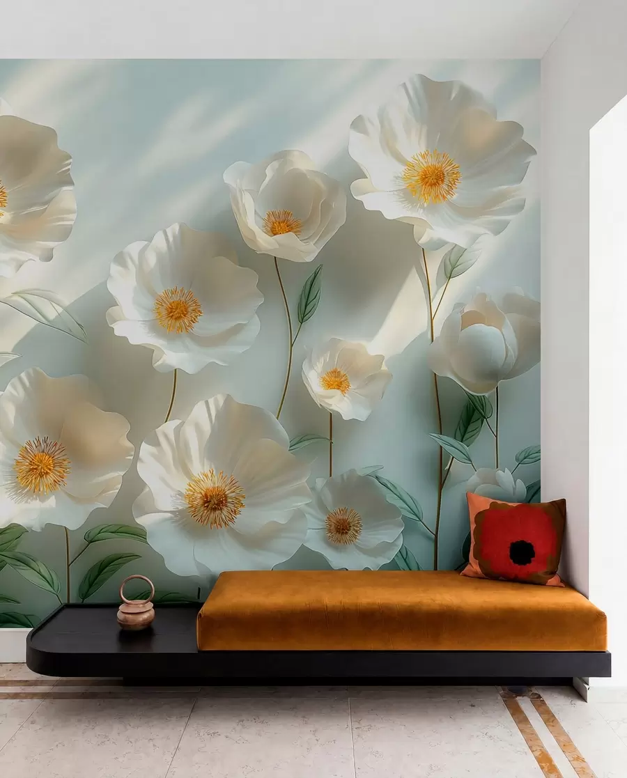 Fototapet Vita vallmo mot en vägg med solljus och 3D-effekt w01339