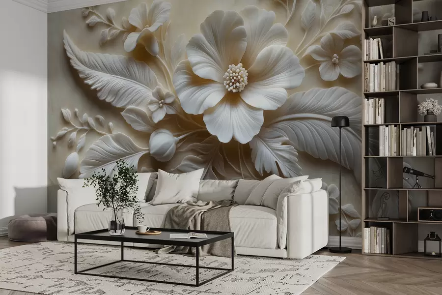 Fototapet 3D-reliefväggkonst med fjädrar och blommor, med en stor vallmo i beige färger w01340