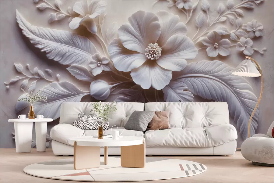 Fototapet 3D-reliefväggkonst med fjädrar och blommor, med en stor vallmo i ljusrosa färger w01340v1