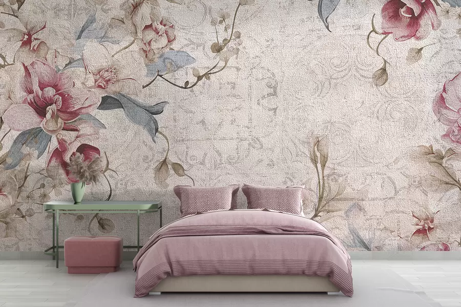 Fototapet Ett vintage blommönster med fina rosa och vita blommor, löv på en ljusbeige bakgrund w08149