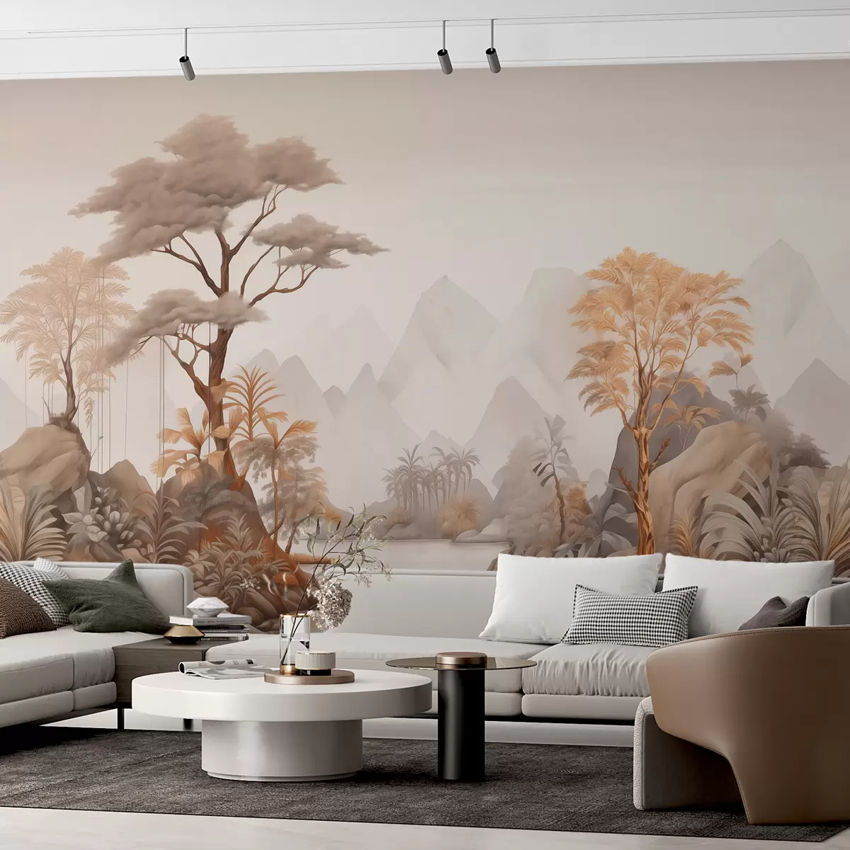 Fototapet Vintage landskap med träd, palmer vid floden mot bakgrund av bergen w00741