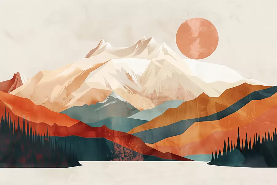 Fototapet Boho bliss: ett fridfullt landskap av berg, träd och sol w01358