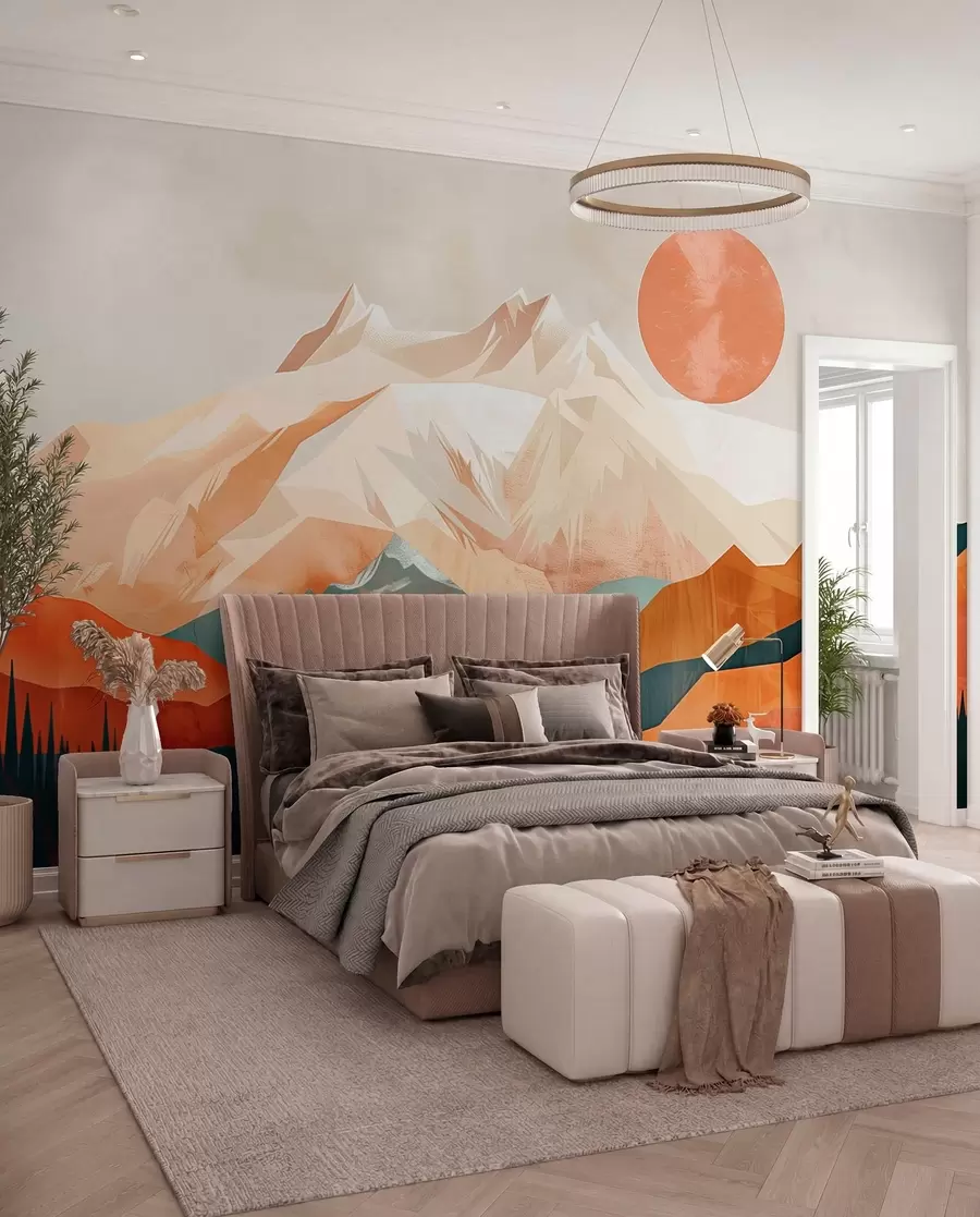 Fototapet Boho bliss: ett fridfullt landskap av berg, träd och sol w01358