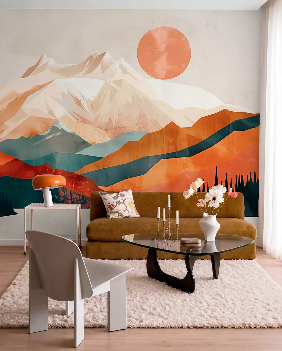 Fototapet Boho bliss: ett fridfullt landskap av berg, träd och sol w01358