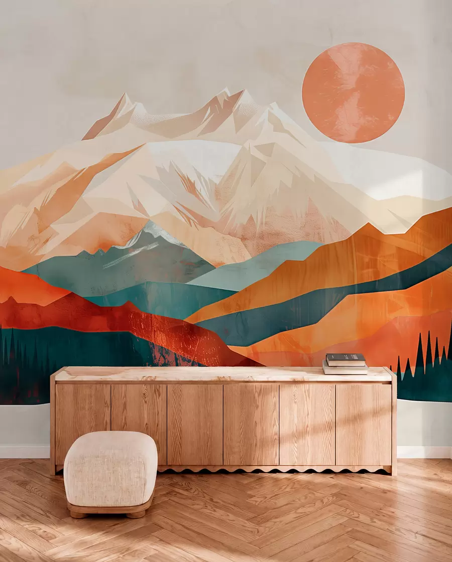 Fototapet Boho bliss: ett fridfullt landskap av berg, träd och sol w01358