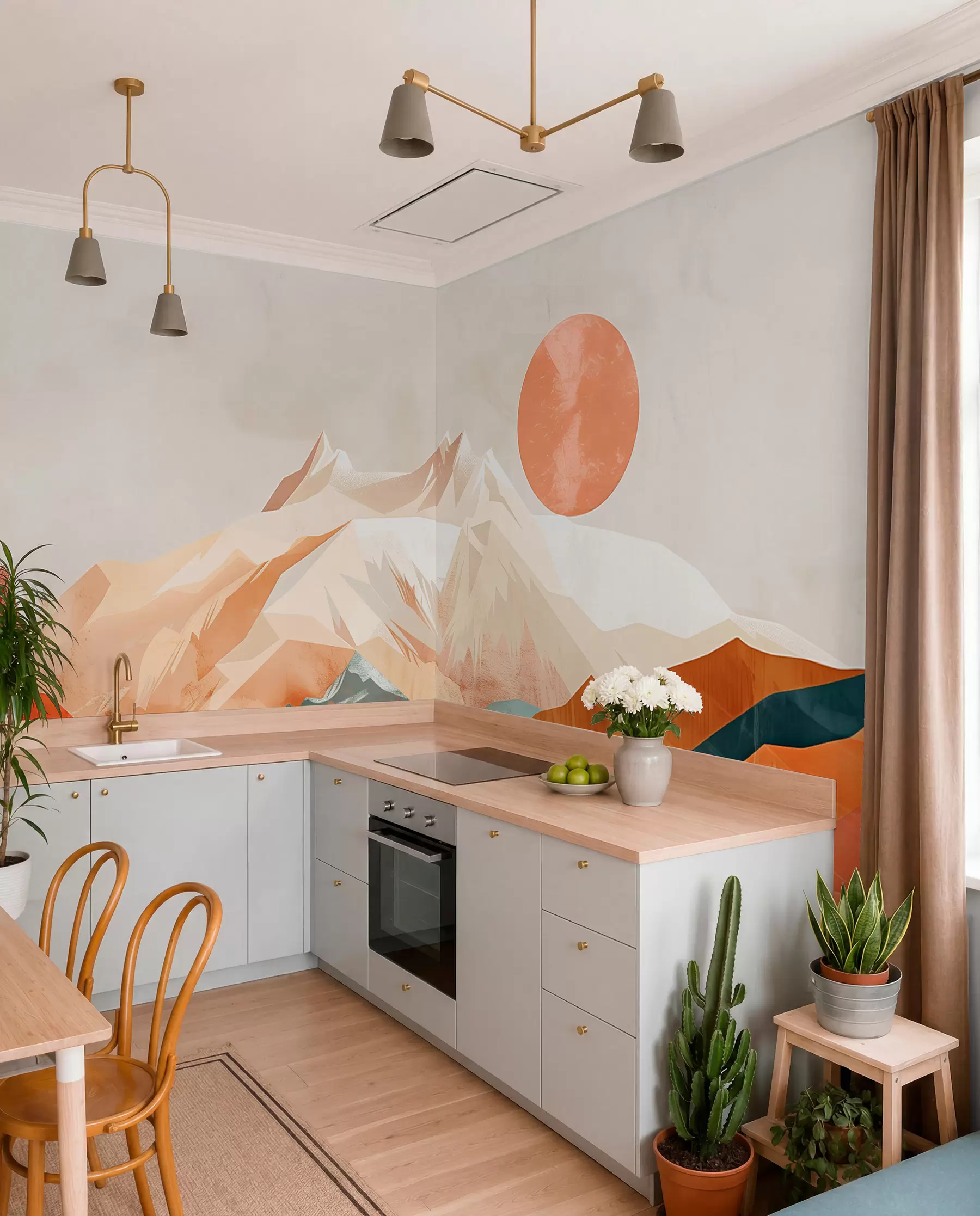 Fototapet Boho bliss: ett fridfullt landskap av berg, träd och sol w01358