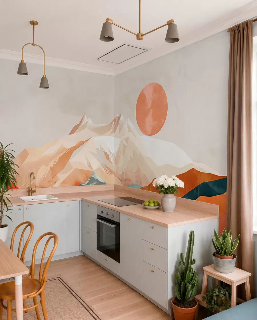 Fototapet Boho bliss: ett fridfullt landskap av berg, träd och sol w01358