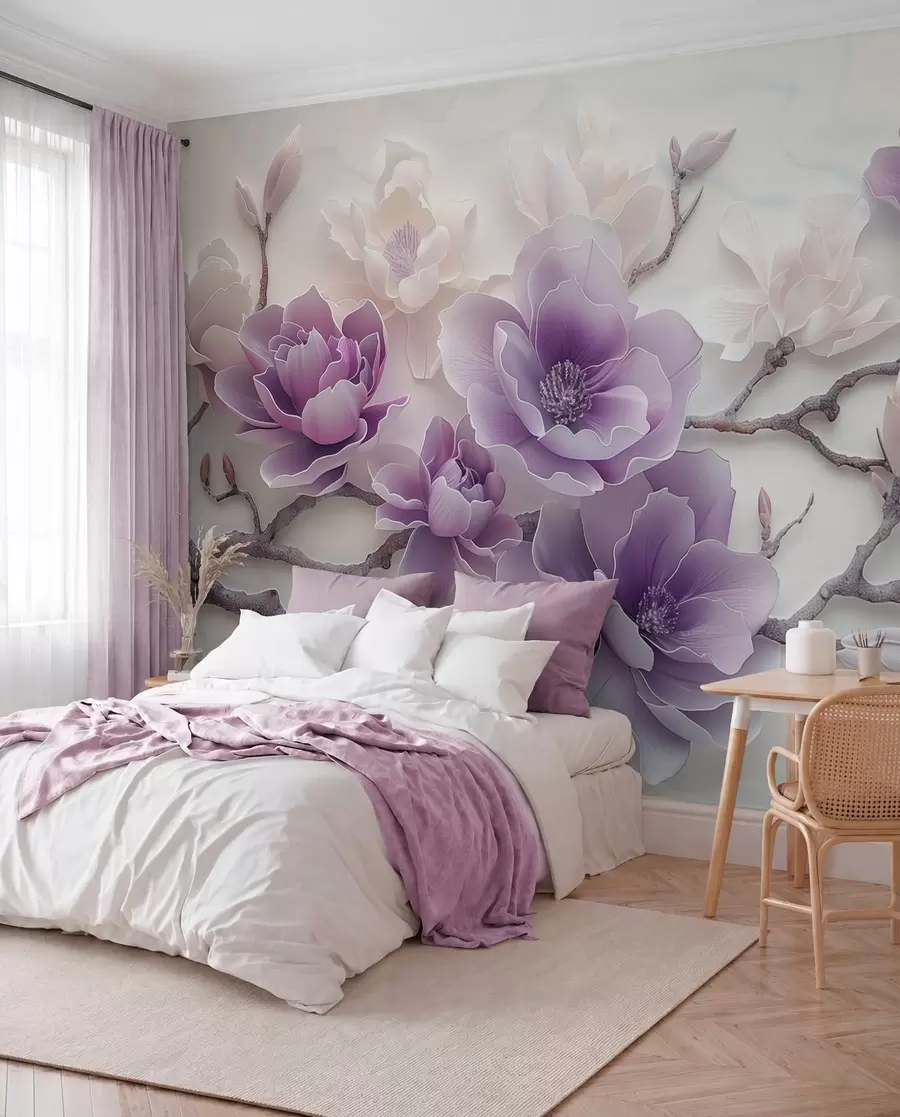 Fototapet Lila präglade magnolia blommor på en graciös gren w01359