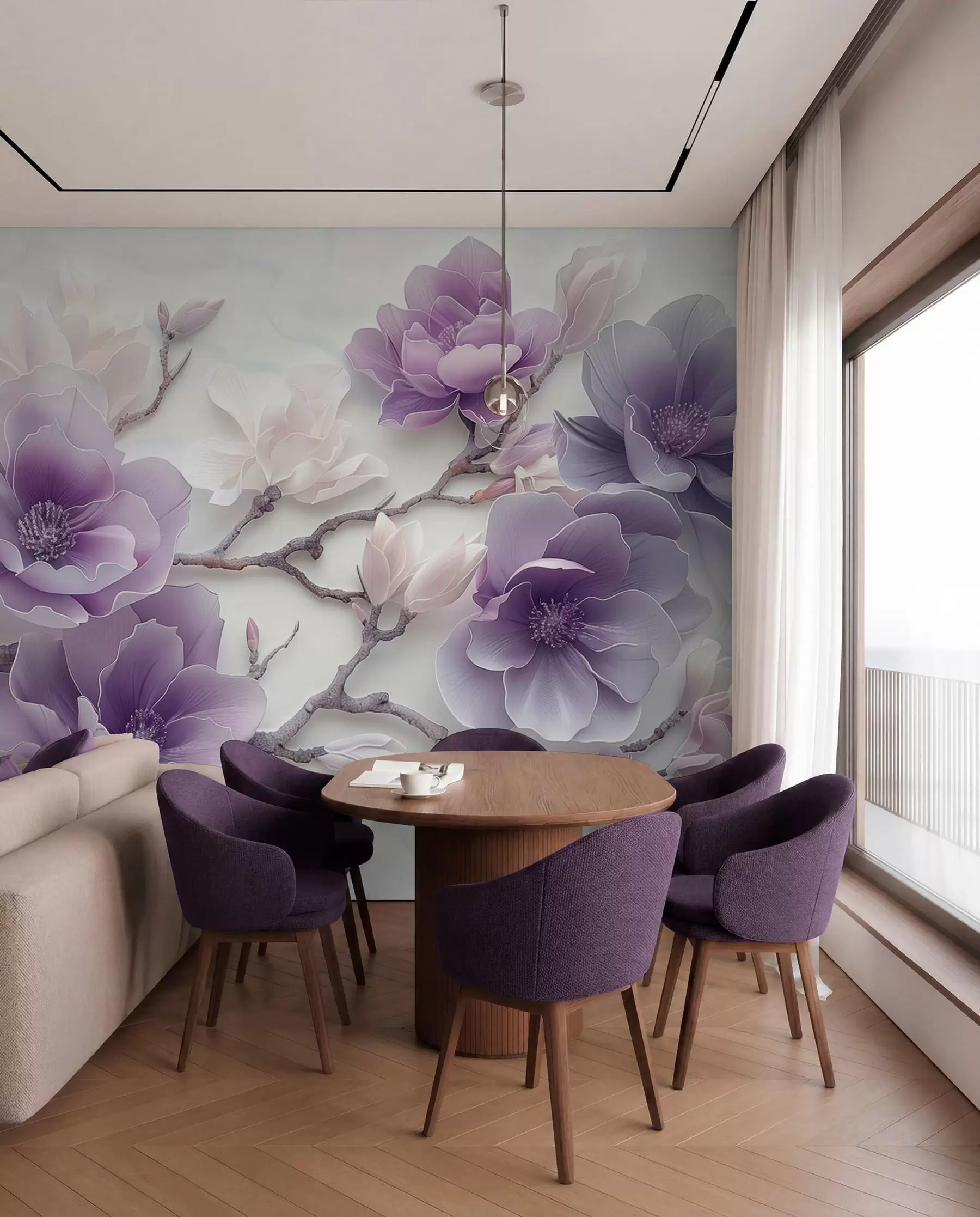 Fototapet Lila präglade magnolia blommor på en graciös gren w01359