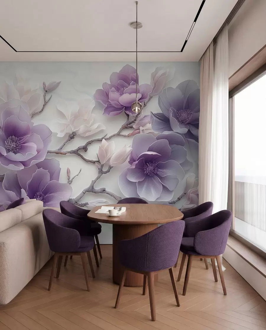 Fototapet Lila präglade magnolia blommor på en graciös gren w01359