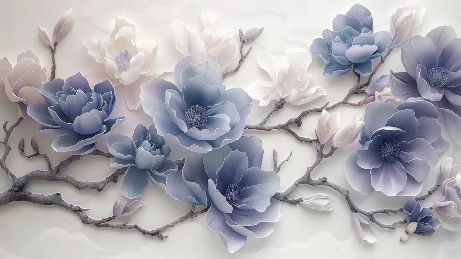 Fototapet Blå präglade magnolia blommor på en graciös gren w01359v1