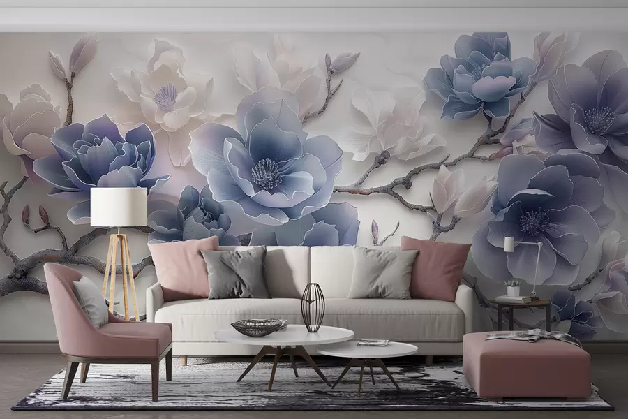 Fototapet Blå präglade magnolia blommor på en graciös gren w01359v1