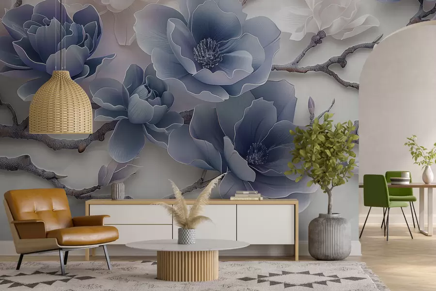 Fototapet Blå präglade magnolia blommor på en graciös gren w01359v1
