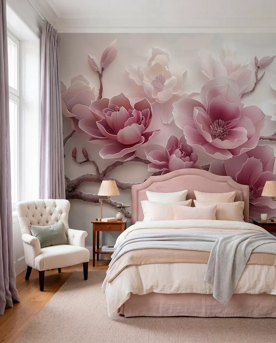 Fototapet Rosa präglade magnolia blommor på en graciös gren w01359v2