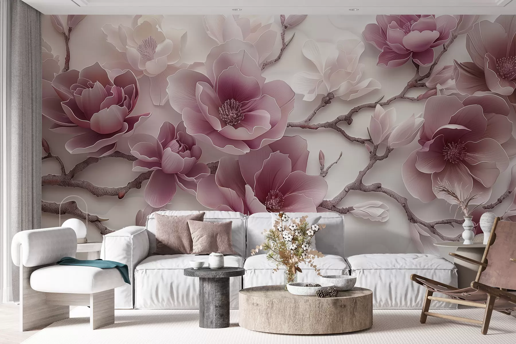 Fototapet Rosa präglade magnolia blommor på en graciös gren w01359v2