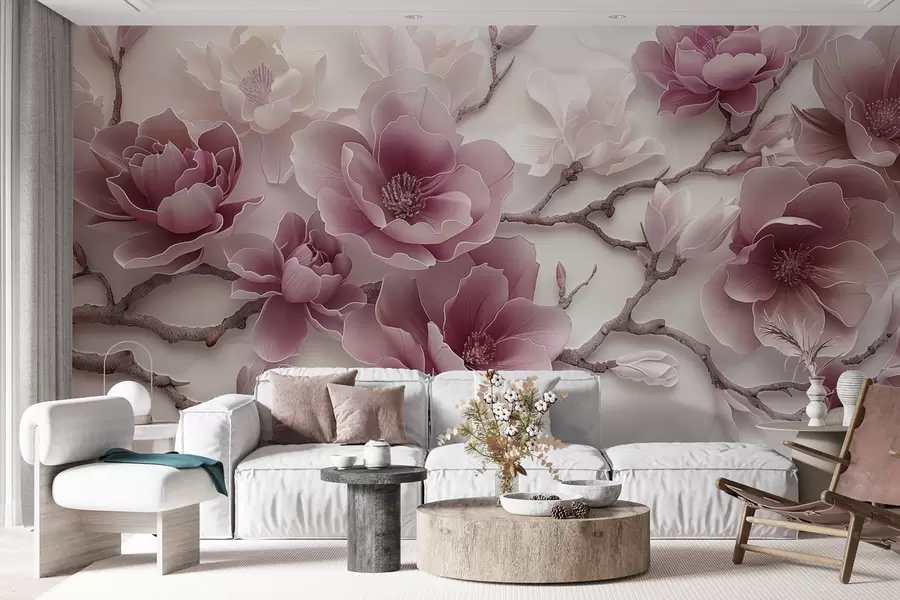 Fototapet Rosa präglade magnolia blommor på en graciös gren w01359v2