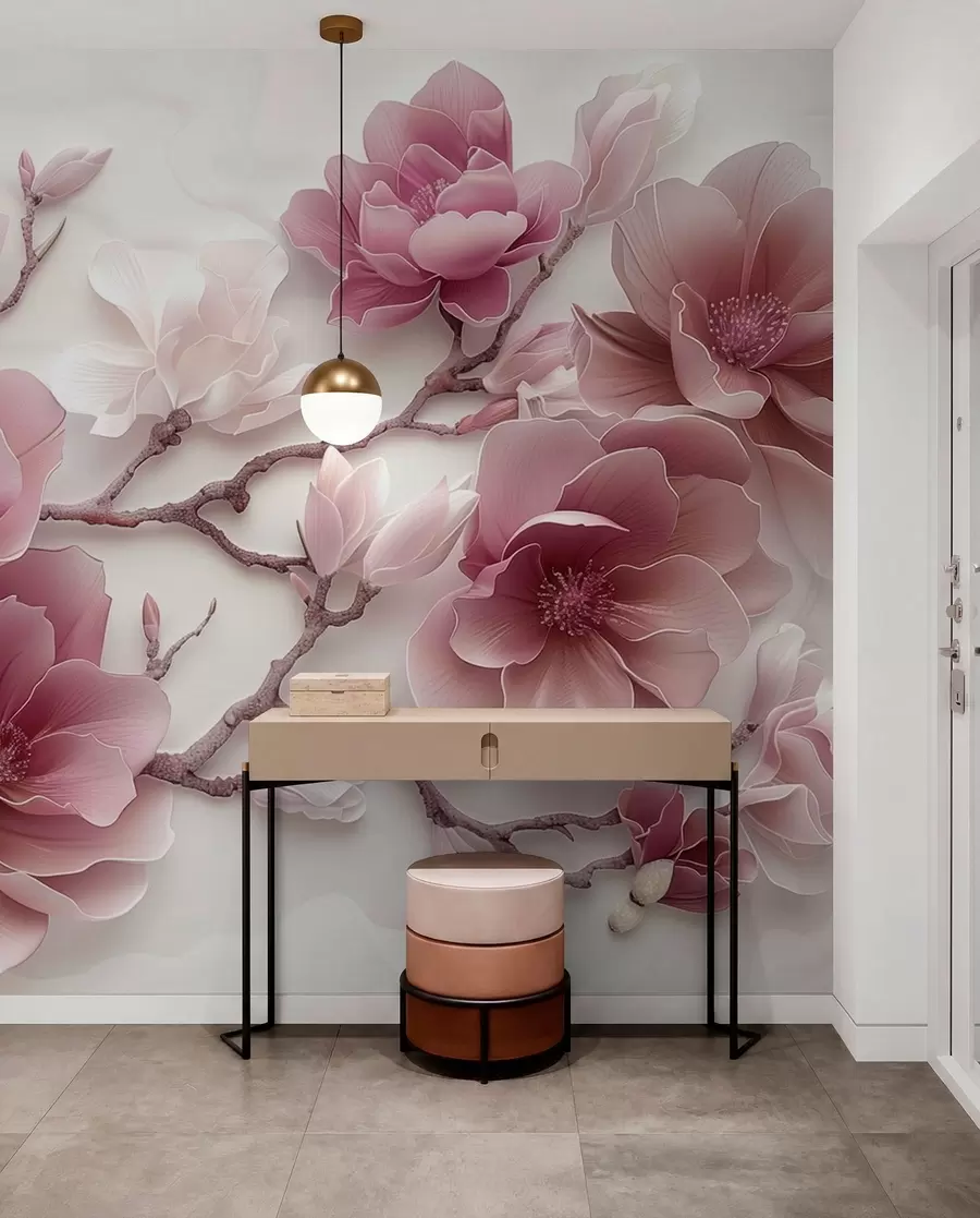 Fototapet Rosa präglade magnolia blommor på en graciös gren w01359v2