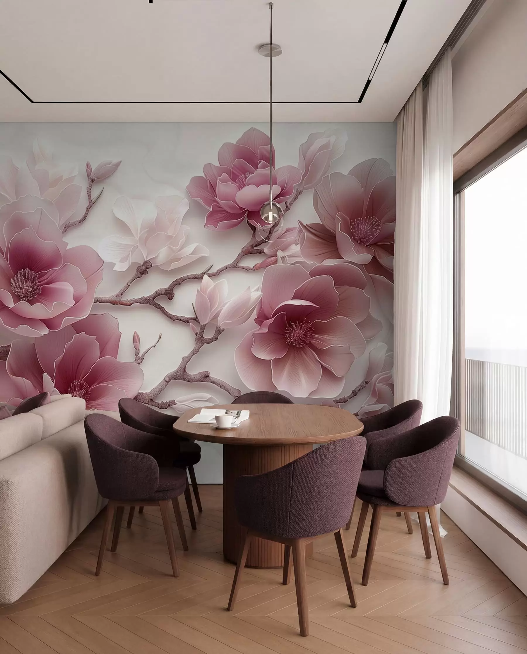 Fototapet Rosa präglade magnolia blommor på en graciös gren w01359v2