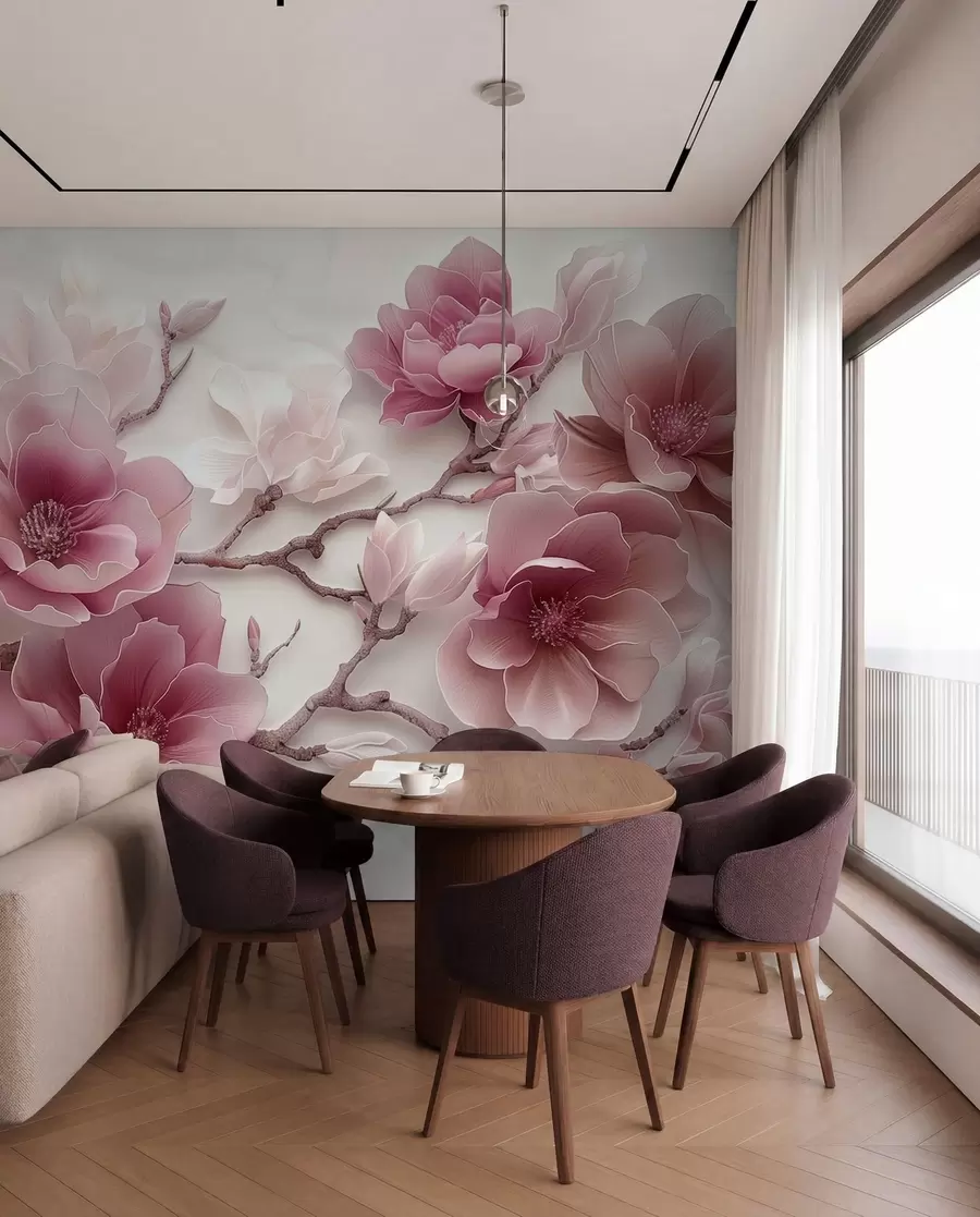 Fototapet Rosa präglade magnolia blommor på en graciös gren w01359v2