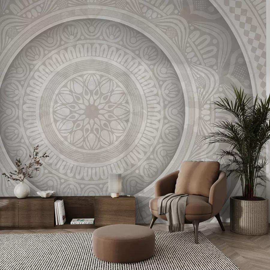 Fototapet Ett detaljerat symmetriskt grått och vitt mandalatryck med koncentriska cirklar och geometriska former   w08182