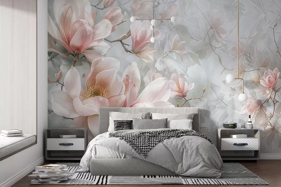Fototapet Delikat rosa magnolia blommor som blommar på en mjuk, suddig blommig grå bakgrund w08192
