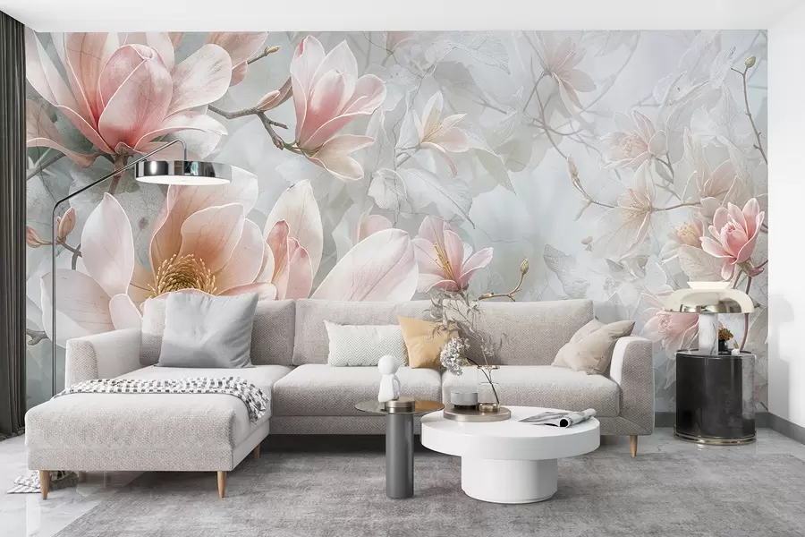 Fototapet Delikat rosa magnolia blommor som blommar på en mjuk, suddig blommig grå bakgrund w08192