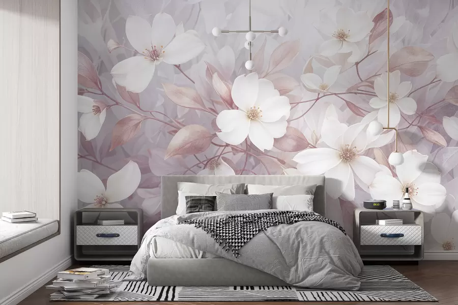 Fototapet Delika rosa och vita magnoliablommor som blommar på mjuka, suddiga grenar mot en blek bakgrund w08196